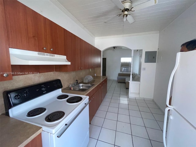 kitchen with white appliances, sink, backsplash, light tile patterned flooring, and ceiling fan