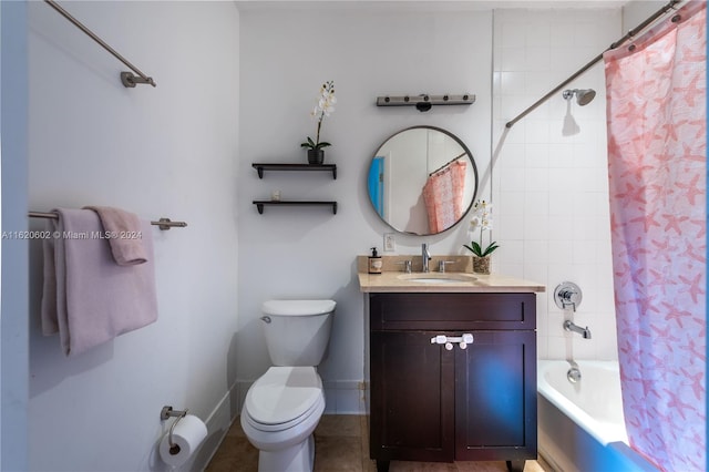 full bathroom with shower / bathtub combination with curtain, tile patterned flooring, toilet, and vanity