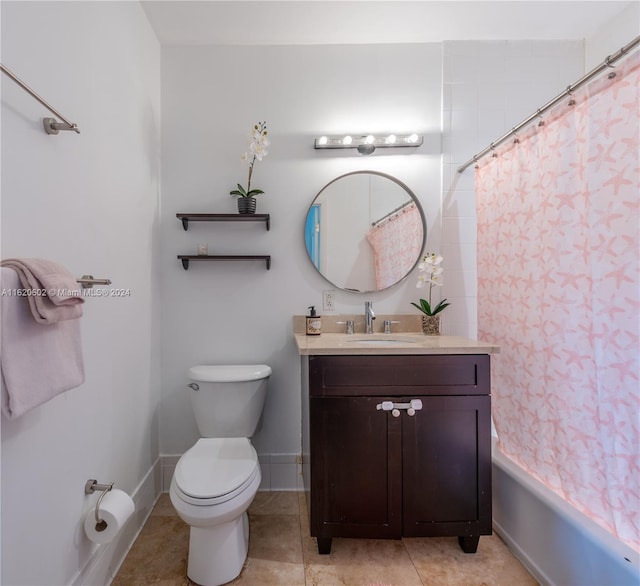 full bathroom with vanity, toilet, shower / tub combo, and tile patterned floors