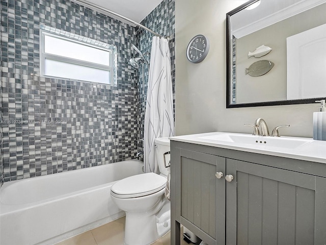 full bathroom featuring crown molding, shower / bathtub combination with curtain, toilet, vanity, and tile patterned floors