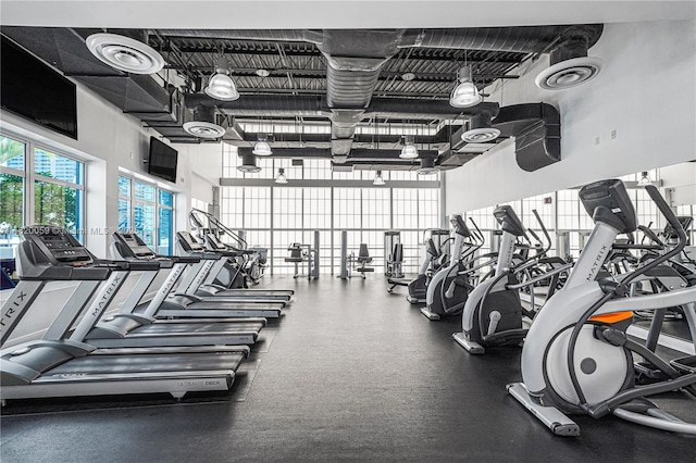 exercise room with a towering ceiling