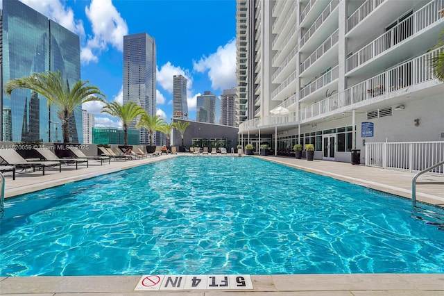 community pool with a city view