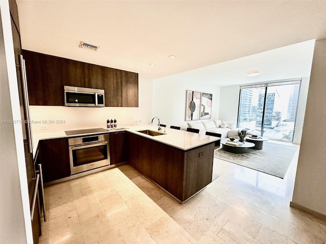 kitchen with dark brown cabinets, appliances with stainless steel finishes, sink, and kitchen peninsula