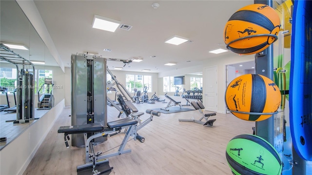 gym featuring hardwood / wood-style floors