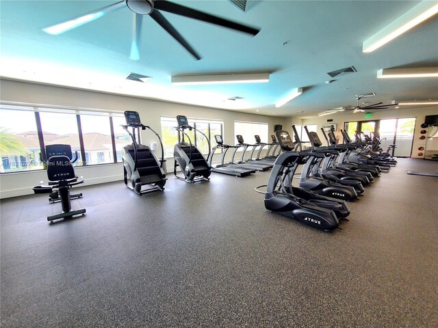 workout area featuring ceiling fan