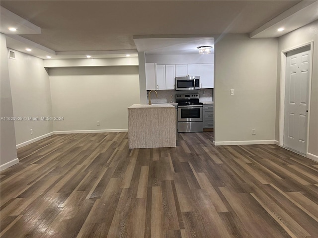 interior space with backsplash, dark hardwood / wood-style flooring, white cabinets, appliances with stainless steel finishes, and sink