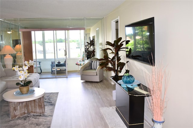 living room with wood-type flooring and a textured ceiling