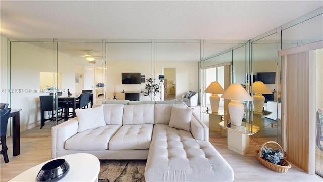 living room with a textured ceiling and hardwood / wood-style floors