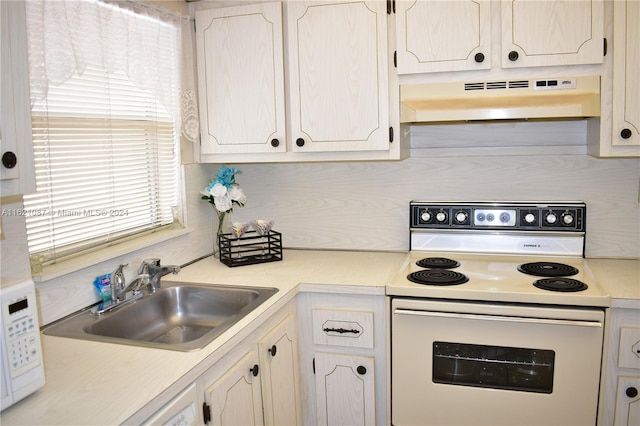 kitchen featuring white electric range, sink, and decorative backsplash