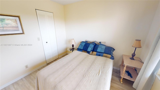 bedroom featuring light wood-type flooring and a closet