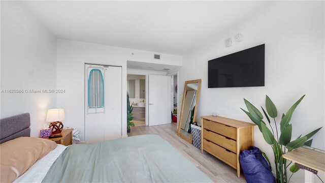 bedroom with light hardwood / wood-style floors, a closet, and ensuite bathroom