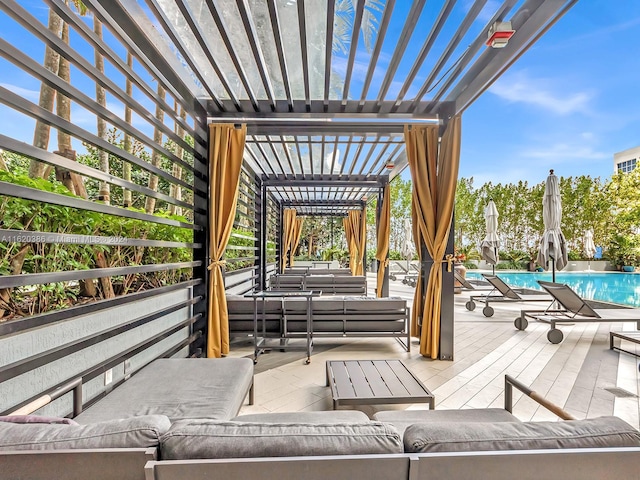 wooden deck featuring an outdoor living space and a pergola