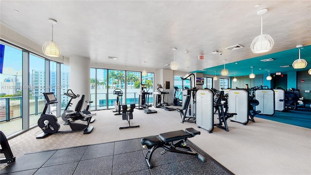 exercise room with carpet flooring