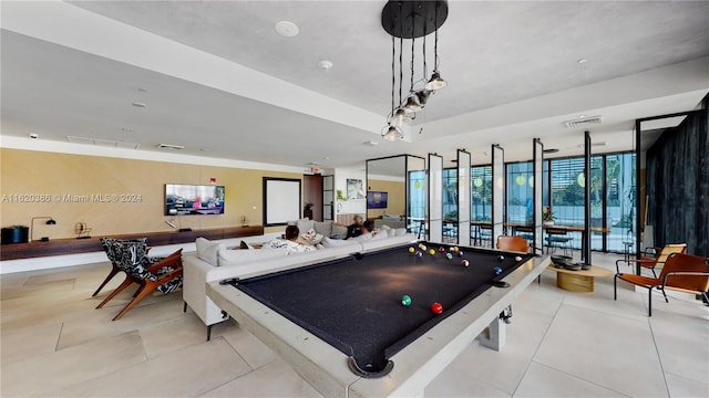 playroom featuring pool table, floor to ceiling windows, and light tile patterned floors