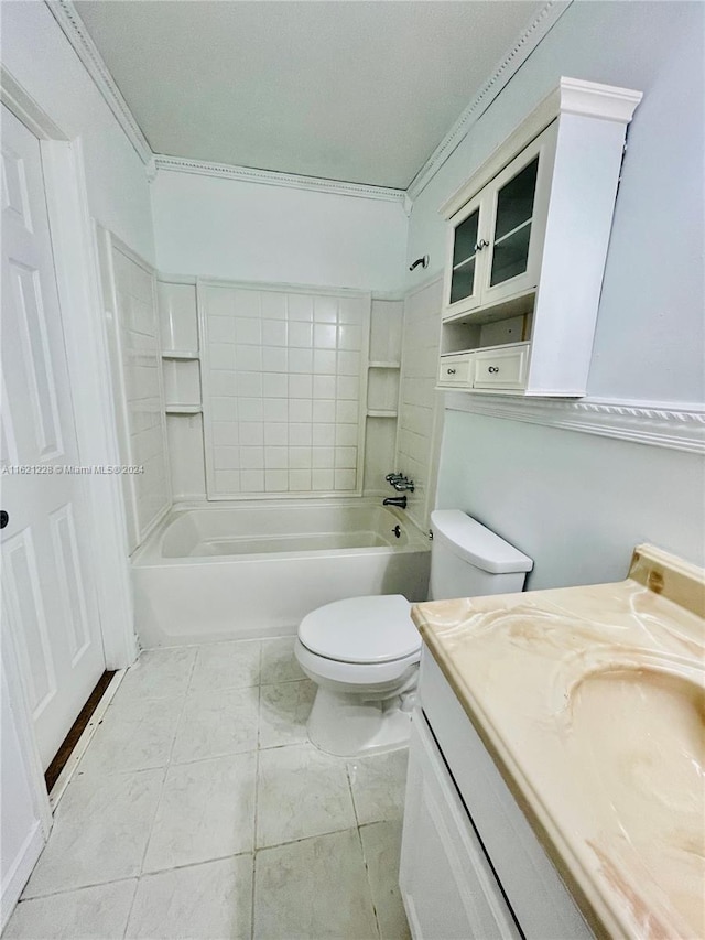 full bathroom with shower / bathtub combination, toilet, vanity, and crown molding