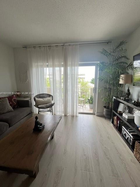 living room with a textured ceiling and light wood-type flooring