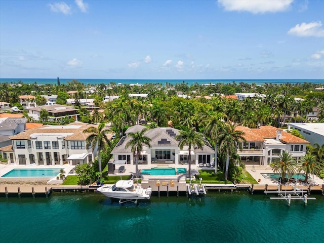 aerial view featuring a water view