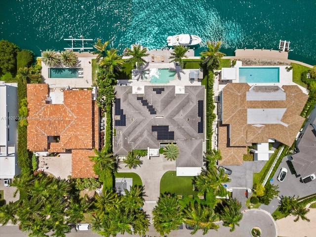 aerial view featuring a water view