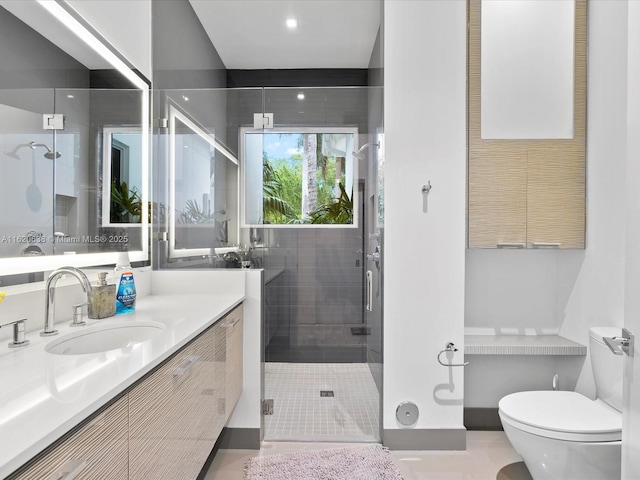 bathroom featuring toilet, vanity, and a shower stall