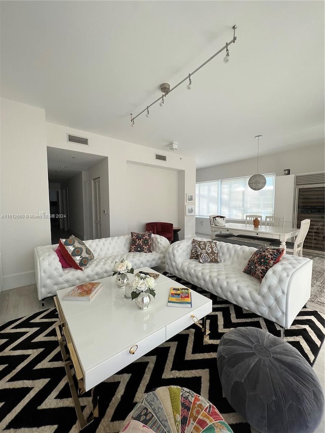 living room with hardwood / wood-style floors and track lighting