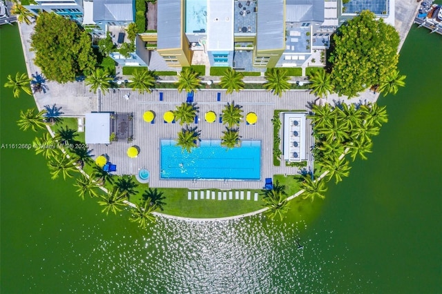 drone / aerial view featuring a water view