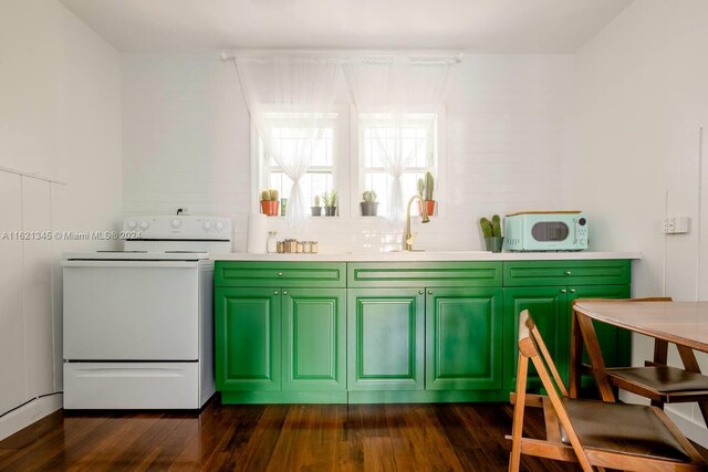 kitchen with dark wood-type flooring, green cabinets, sink, and white appliances