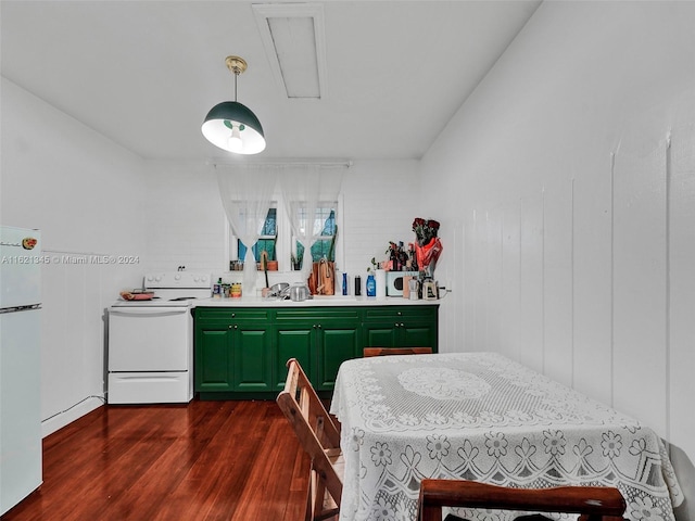 kitchen with fridge, white range with electric stovetop, dark hardwood / wood-style flooring, and green cabinetry