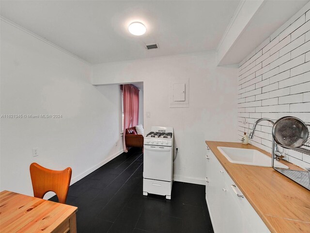 home office with ornamental molding and sink