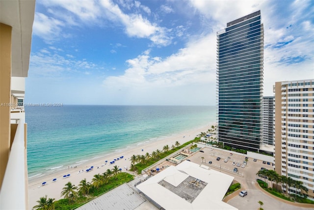 view of water feature with a beach view