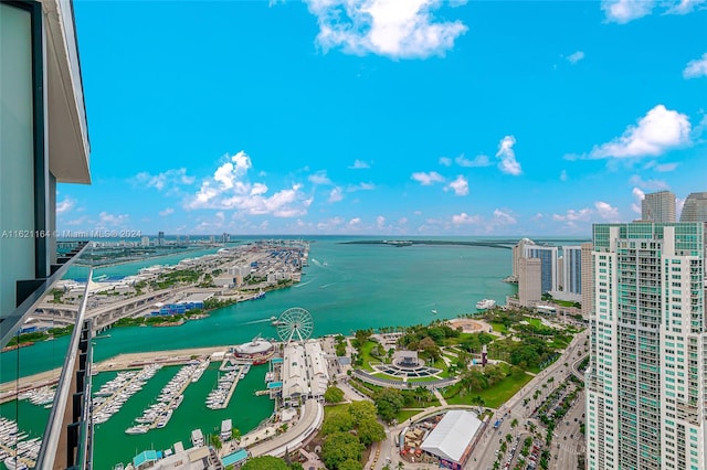 birds eye view of property with a water view