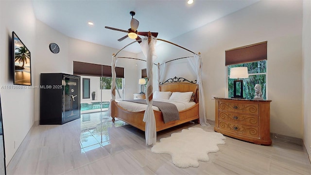 bedroom with access to exterior and ceiling fan