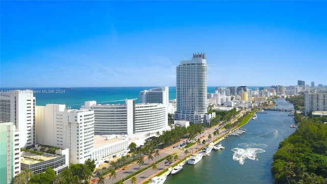 birds eye view of property with a water view