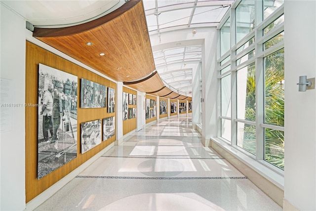 corridor with wood ceiling