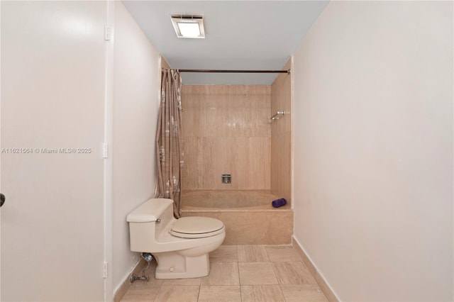 bathroom featuring toilet, visible vents, baseboards, tile patterned floors, and shower / bathtub combination with curtain