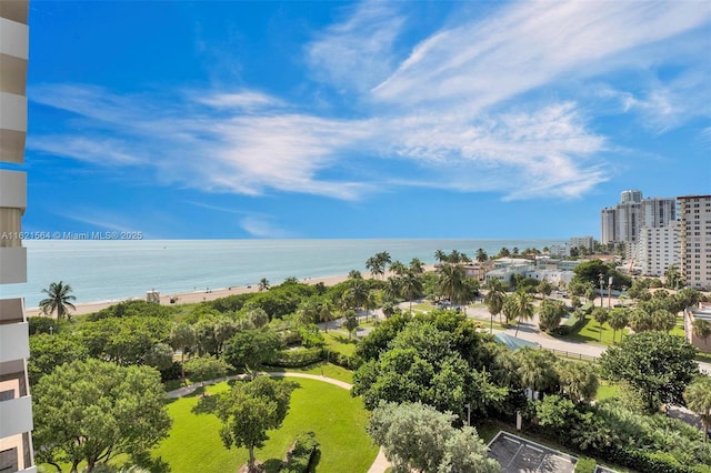 aerial view featuring a water view and a view of city