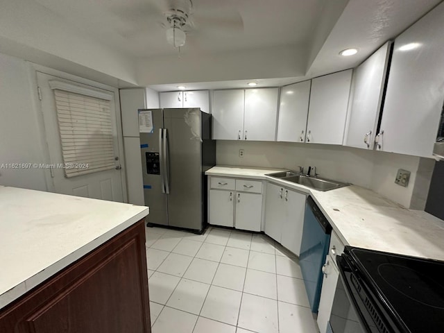 kitchen with white cabinetry, light tile patterned floors, ceiling fan, black dishwasher, and stainless steel refrigerator with ice dispenser