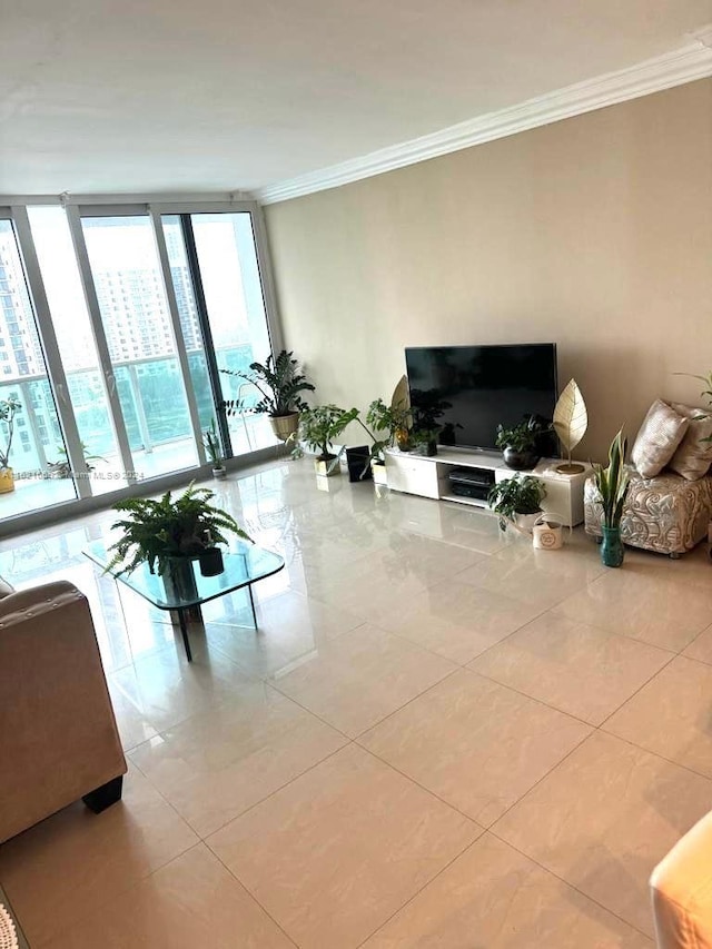 tiled living room featuring ornamental molding and expansive windows