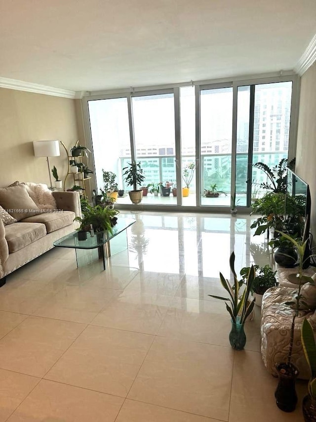 living room featuring tile patterned flooring, a wall of windows, and crown molding