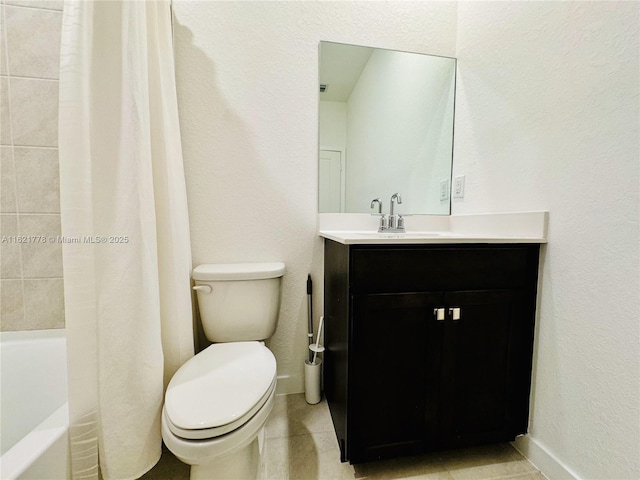 full bathroom featuring vanity, shower / tub combo with curtain, tile patterned floors, and toilet