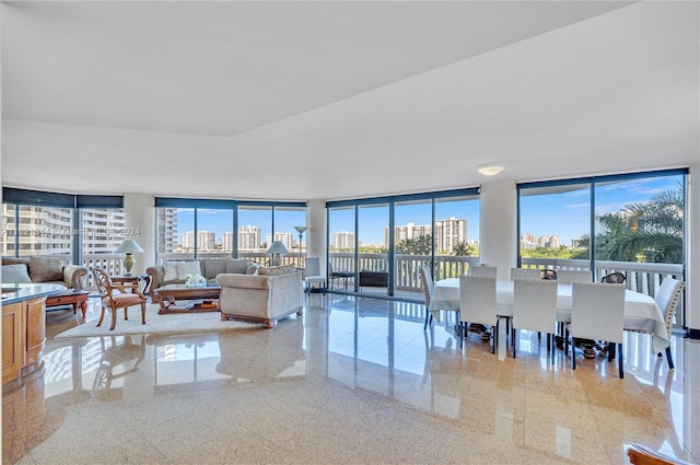 living room featuring a wall of windows