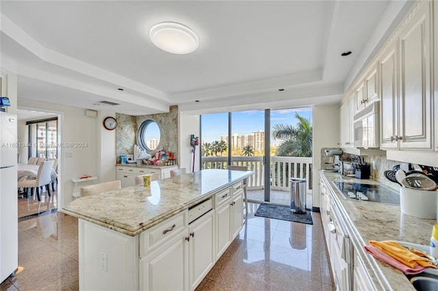 kitchen with a raised ceiling, light stone countertops, white cabinetry, and a kitchen island