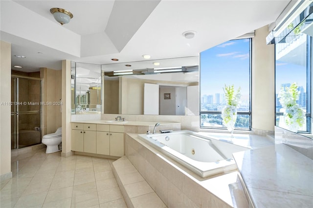 full bathroom featuring plenty of natural light, separate shower and tub, toilet, and vanity