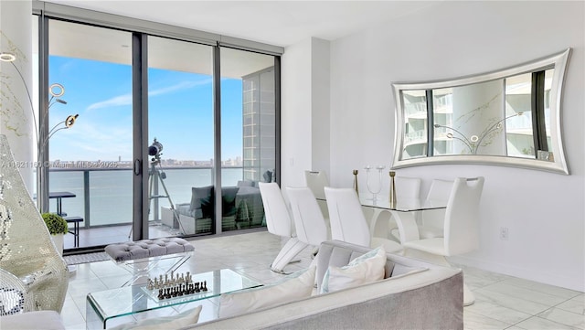 living room featuring a wall of windows, a healthy amount of sunlight, and a water view