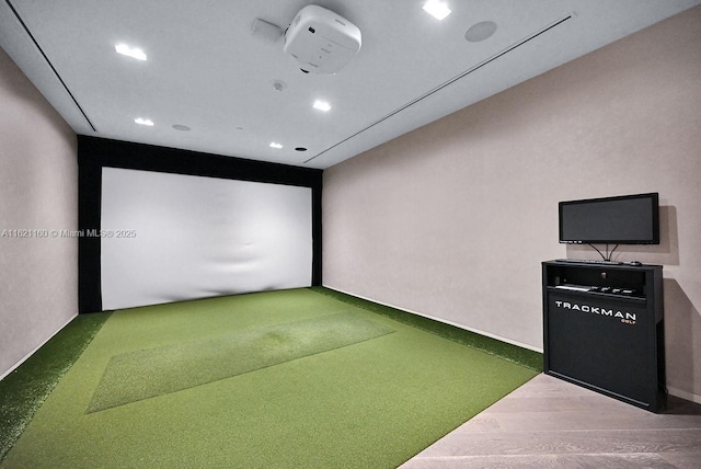 game room with golf simulator and wood-type flooring