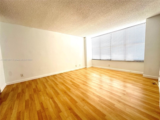 empty room with light hardwood / wood-style flooring and a textured ceiling