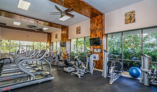 exercise room featuring a high ceiling, ceiling fan, and a drop ceiling