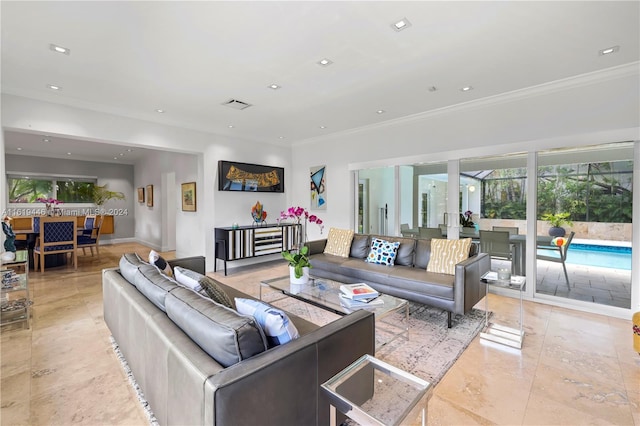 living room with crown molding