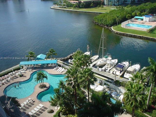 bird's eye view with a water view