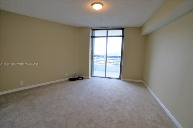 spare room with a textured ceiling, light colored carpet, and floor to ceiling windows