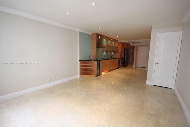 unfurnished living room with light tile patterned floors and ornamental molding